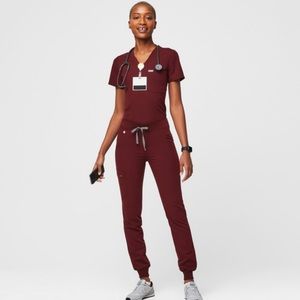 FIGS Catarina scrub top (M) and Zamora scrub pants (L), burgundy.